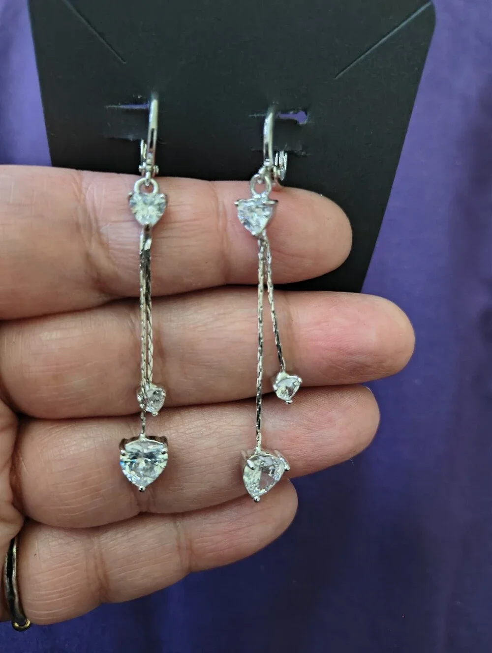 Very Nice  YSX Silver Plated CZ Heart Dangle Chandelier Earrings. Estate Find